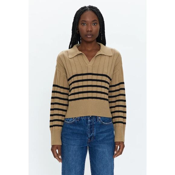 PISTOLA Arlo Polo Sweater in Tan Noir Stripe Size Large - Picture 2 of 8